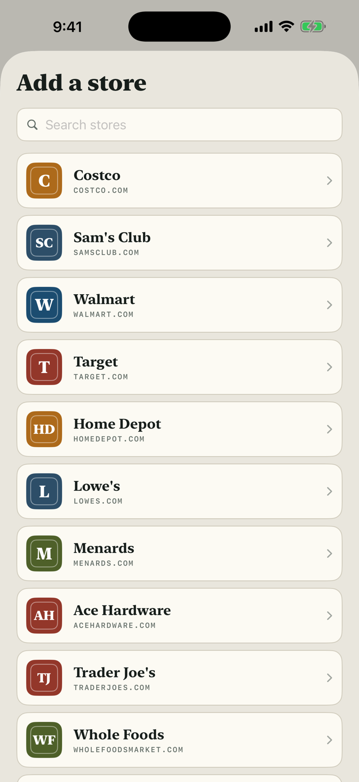 The Add a store catalog: Costco, Sam's Club, Walmart, Target, Home Depot, Lowe's, Menards, Ace Hardware, Trader Joe's and Whole Foods, each with a colored monogram badge and its domain.