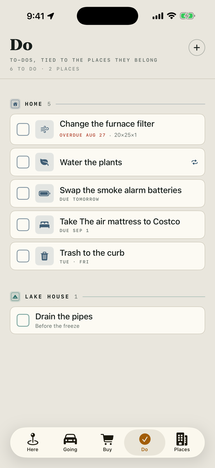 The Do board in Bring Buy Get, reading To-dos, tied to the places they belong: a Home group with Change the furnace filter overdue in red, Water the plants marked every visit, Take the returns to UPS due tomorrow, and Trash to the curb every Tuesday and Friday, then a Lake House group with Drain the pipes. Each row draws a small icon matched from its name — a leaf, a shipping box, a trash can.