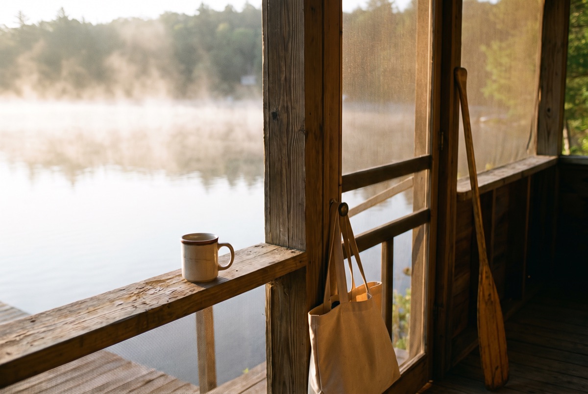 A screened lake-house porch at misty sunrise: a mug of coffee on the wooden rail, a canvas tote hanging on the screen door and a wooden paddle leaning in the corner, fog lifting off the water.