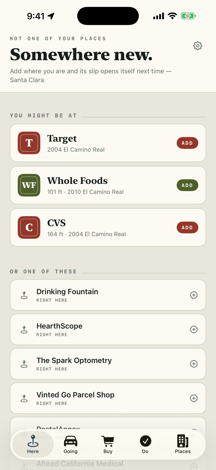 The Here screen reading Somewhere new, not one of your places, with three recognized stores listed — Target, Whole Foods and CVS, each with its own colored monogram and an Add button — above a list of other nearby spots.