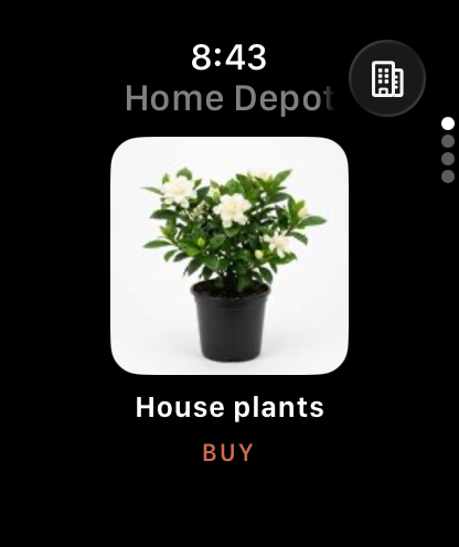The next card on the same watch: a photo of a flowering gardenia in a nursery pot, the name House plants, and the verb BUY.